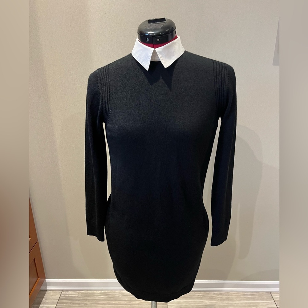 Club Monaco Black Long-Sleeve Sweater Dress with White Collar